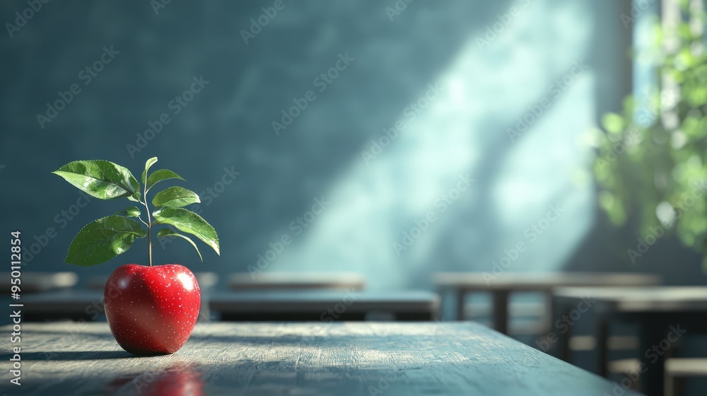 Aufkleber modern teacher desk with apple and textbooks in minimalist 3d render on neutral background for profe