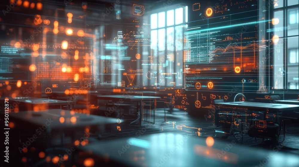 Poster virtual classroom of the future - 3d render with holographic displays and high luminosity for digita