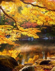 Golden maple leaves frame the scene reflecting the autumn hues. The serene atmosphere evokes the peace and beauty of a traditional Japanese landscape. beauty in nature