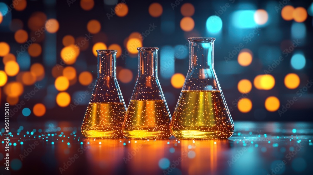 Poster futuristic science lab with glowing chemical flasks and vibrant particles for innovative learning ex