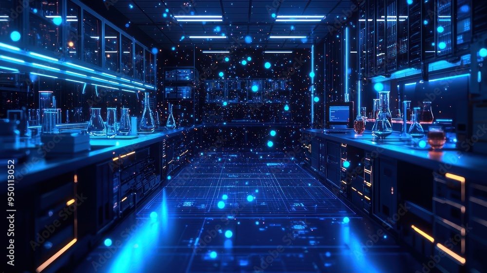 Aufkleber futuristic science lab with glowing chemical flasks and vibrant particles for innovative learning ex