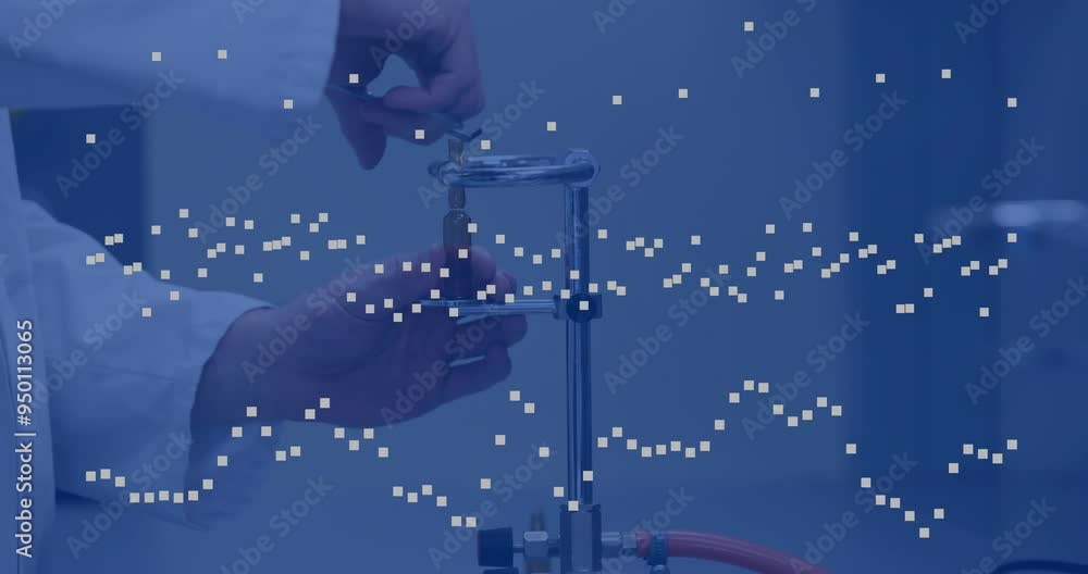Poster adjusting laboratory equipment, hands over digital data points animation in lab