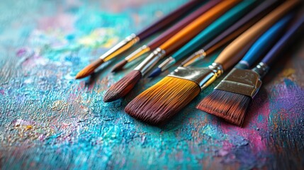 Fototapeta premium Vibrant Artistic Palette: High-Quality 3D Render of Colorful Art Supplies on Wooden Table with Pastel Background - Creative Tools, Artistic Education, High Luminosity, 8K Resolution,Generative Ai