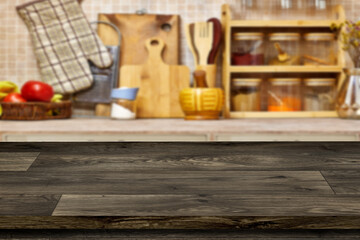 empty rustic wooden table for mockup product display near  Kitchen countertop showcasing a rustic home decor with utensils and spices