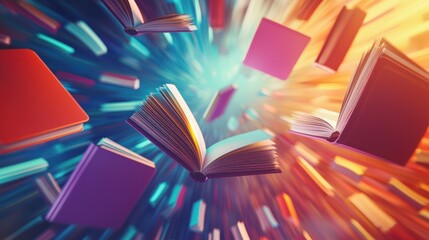 Vibrant 3D Render of Floating Notebooks and Stationery in Energetic Learning Environment with Colorful Swirling Background,Generative Ai