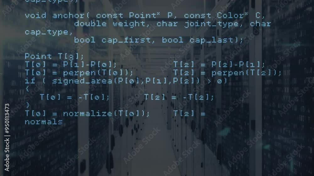 Poster animating computer code over servers in data center with lights blinking