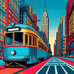 90 Pop Art Tram Inspired by pop art with bold colors and comic b