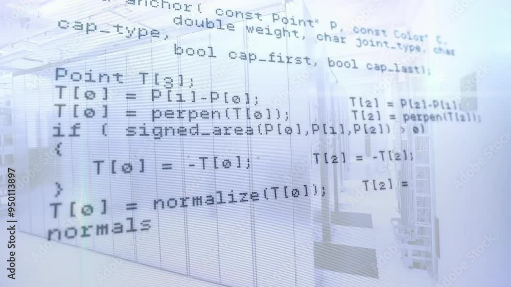 Poster animating computer code over transparent screens in modern office environment