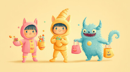 Fototapeta premium Adorable pastel-colored trick-or-treaters dressed as witches and pirates, with candy buckets, on a light pastel yellow background.