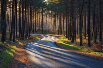 Obraz premium Road with shadows of tall pines creating a pattern, artistic and captivating.