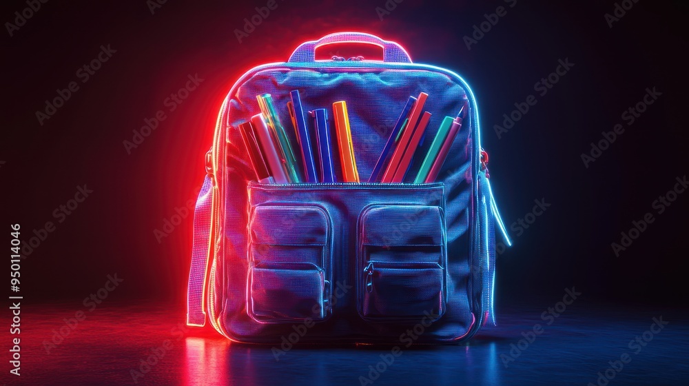 Poster illuminated school essentials: vibrant 3d render of glowing stationery in open backpack on dark grad