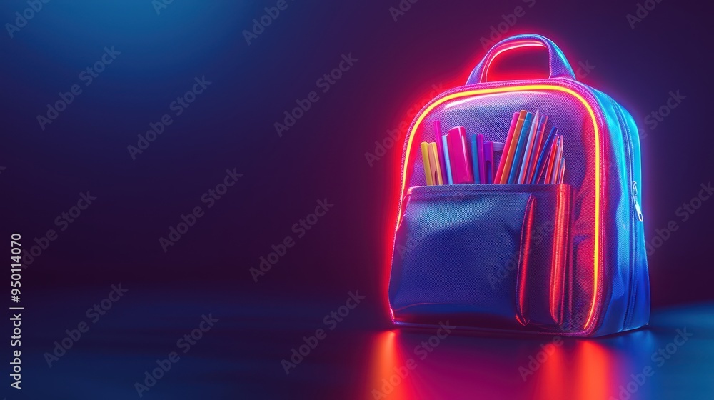 Poster illuminated back-to-school essentials in open backpack 3d render on dark gradient background - high 