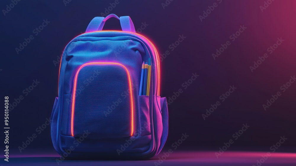Poster glowing stationery in open backpack on dark gradient background - back-to-school essentials 3d rende