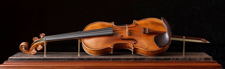 A finely carved violin and a bow lying on a sheet music stand