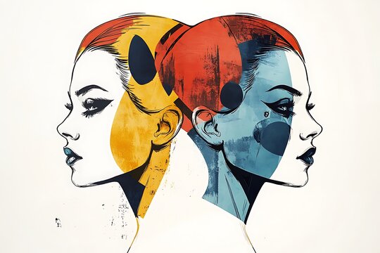 Gemini Twins Artistic Back-to-Back Stylized with Geometric Shapes on White Background