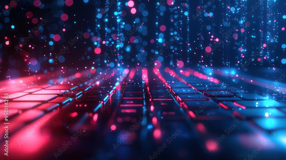 Poster futuristic digital learning concept - 3d render of floating keyboards and writing tools on high lumi
