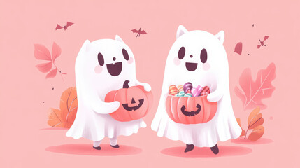Cute illustrator-style trick-or-treaters in ghost and animal costumes, holding candy, on a soft pastel pink backdrop.