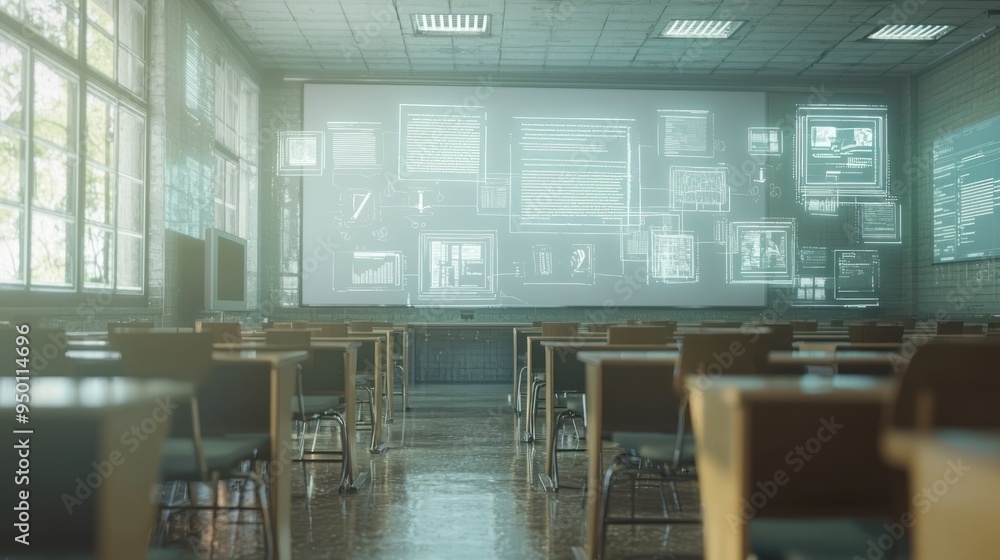 Poster futuristic classroom with digital whiteboards and holograms in high luminosity 3d render for advance
