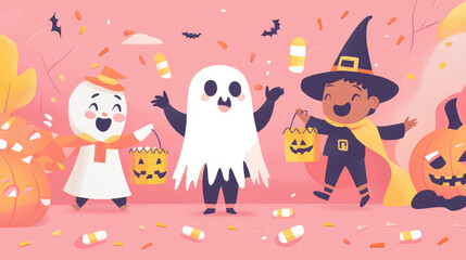Cute illustrator-style trick-or-treaters in ghost and superhero outfits, surrounded by candy corn, on a soft pastel pink backdrop.