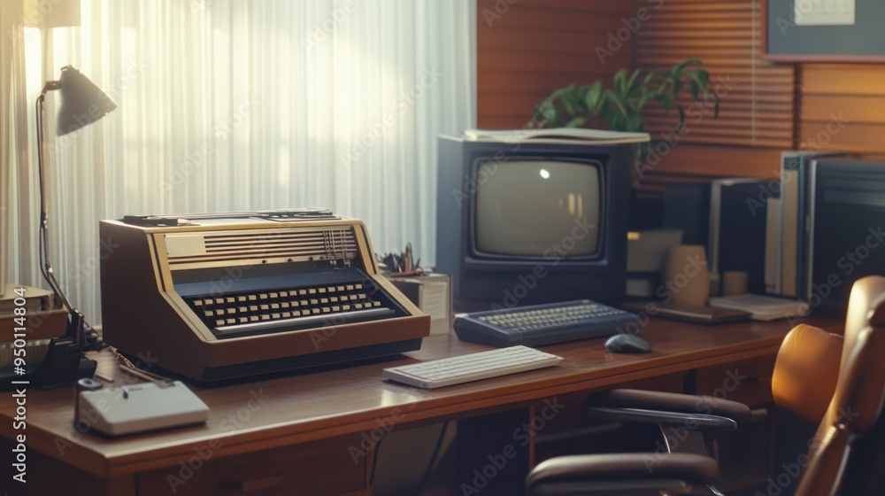 Poster Vintage Typewriter and Computer on a Desk in an Office Setting