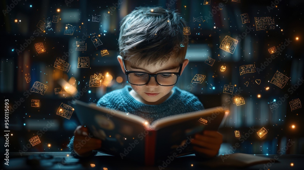 Poster enlightening literacy: 3d render of student immersed in interactive reading experience with floating