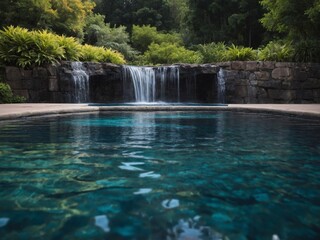 A pool featuring a central waterfall and an adjacent waterfall within it.