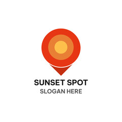 Sunset spot logo template in simple flat style. Sun and map pin vector illustration