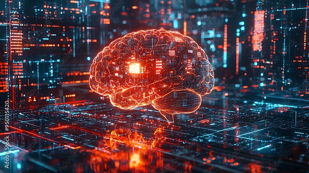 Poster a futuristic concept of an ai brain network, glowing with the potential of advanced intelligence.