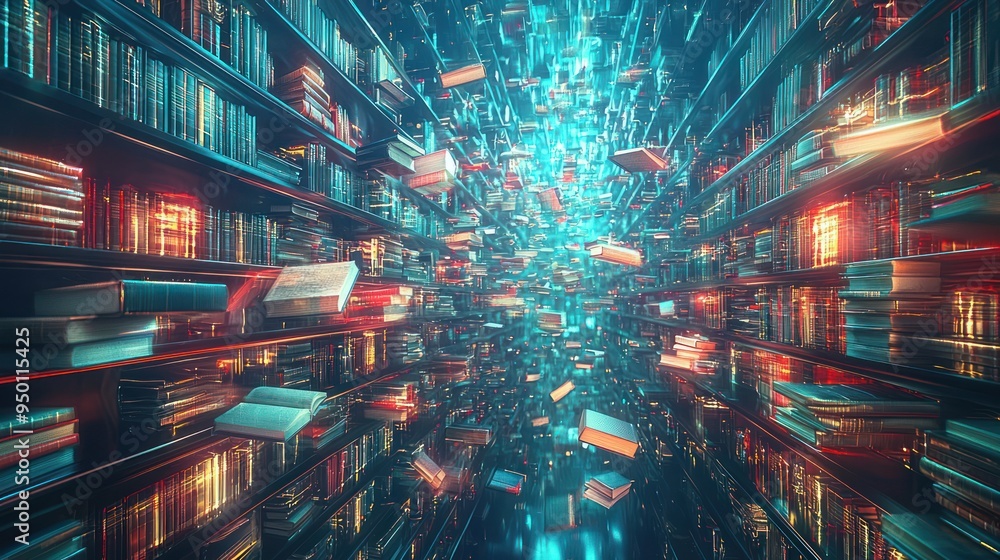 Poster enchanted library of knowledge - 3d render featuring books in flight on abstract background,generati