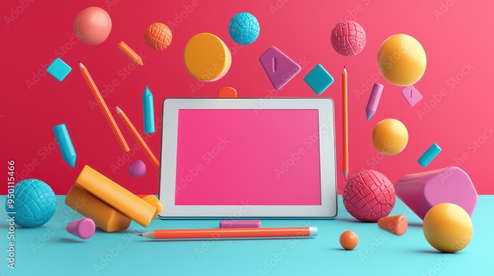 Poster futuristic e-learning concept with floating educational icons on digital tablet - high-quality 3d re