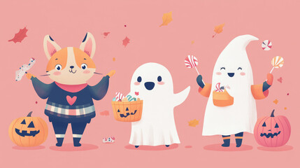 Fototapeta premium Cute illustrator-style trick-or-treaters in animal and ghost costumes, holding candy, on a soft pastel pink backdrop.