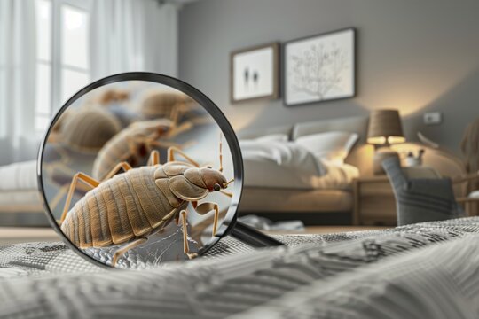 Bed bugs under a magnifying glass, with a bed and bedroom in the background. Concept of pest control, identifying and combating insect infestations in the home.
