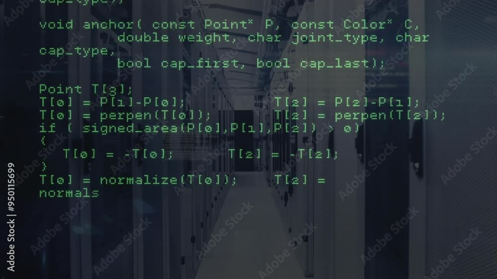 Poster animating computer code over data center servers in hallway