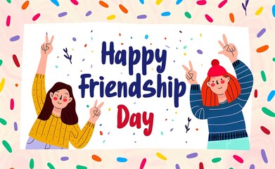 Fototapeta premium Happy friendship day illustration showing happy friends sitting and doing a peace sign on a white background with the text 