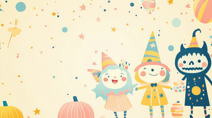 Adorable pastel-colored trick-or-treaters in monster and fairy costumes, surrounded by candy and stars on a light pastel yellow background.