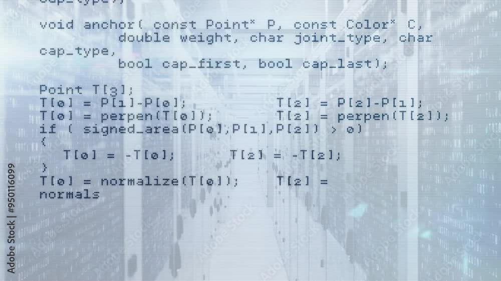 Poster walking in hallway, people with computer code animation overlay