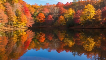 Fototapeta premium A lake in autumn in the French countryside and its beautiful reflections.