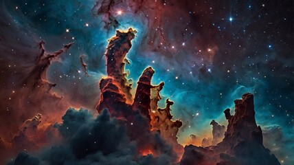 The Pillars of Creation, with towering columns of gas and dust illuminated by the light of many stars in the universe.