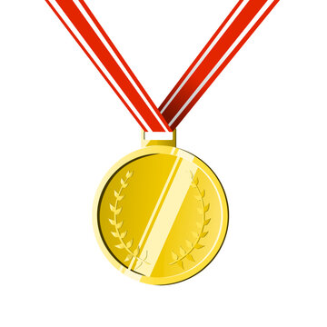 Gold Medal with Red and White Ribbon - Award for First Place Victory in Competitions and Sports - Vector Illustration