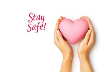 Comforting Hands Holding Heart with Warm "Stay Safe!" Text - Caring and Supportive Clipart with Open Space for Copy