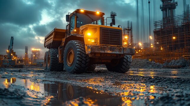 Heavy Duty: A Powerful Yellow Dump Truck Dominates the Construction Site Under a Dramatic Sky.   - Powered by Adobe