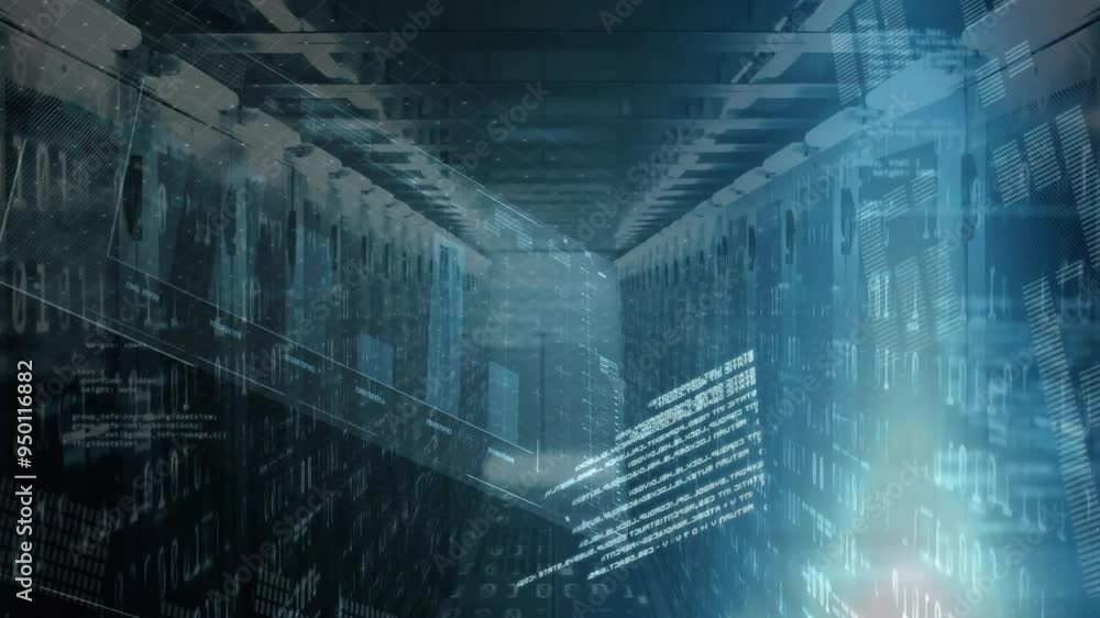 Aufkleber Data processing animation over futuristic server room with digital interfaces