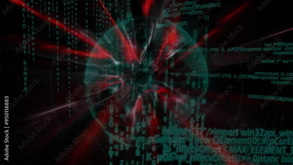Poster binary code and data processing animation over red and black digital sphere