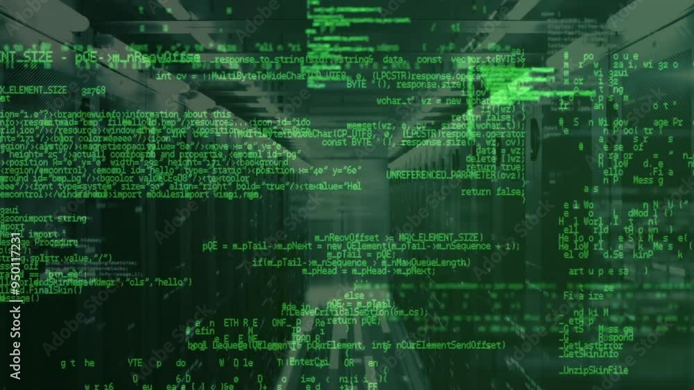 Poster green code animation displaying over server racks in data center