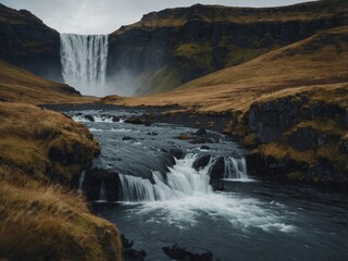 Dramatic Icelandic landscape with a remote waterfall.