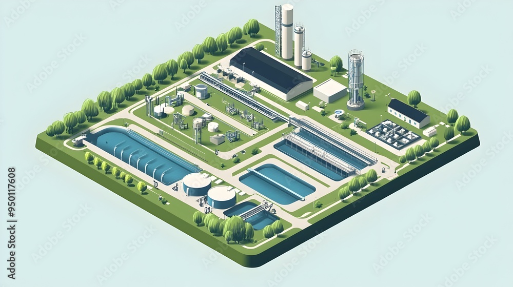 Poster comprehensive schematic depicting the layout and design of a waterworks infrastructure system showca