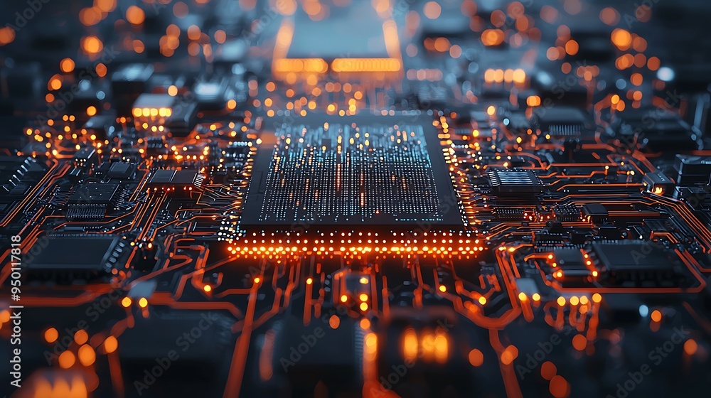 Poster a futuristic circuit board glows with vibrant lights and flowing data streams.