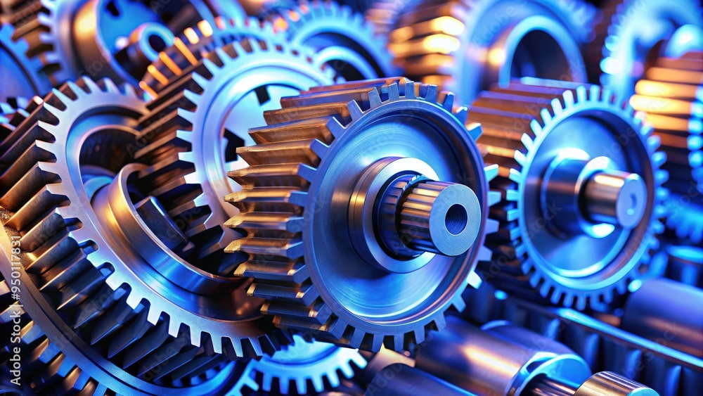 Poster close-up view of interlocking gears in a mechanical assembly with blue lighting, machinery, gears, m