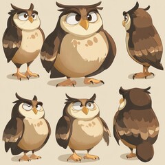 Fototapeta premium A cartoon-style owl character shown from multiple angles.