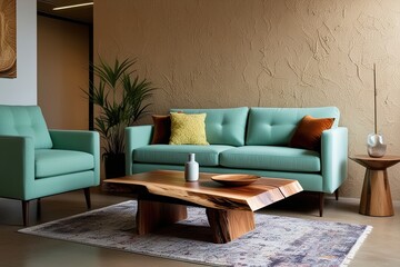 Contemporary Live Edge Coffee Table with Mint Sofa in Artistic Space Featuring Textured Beige Wall